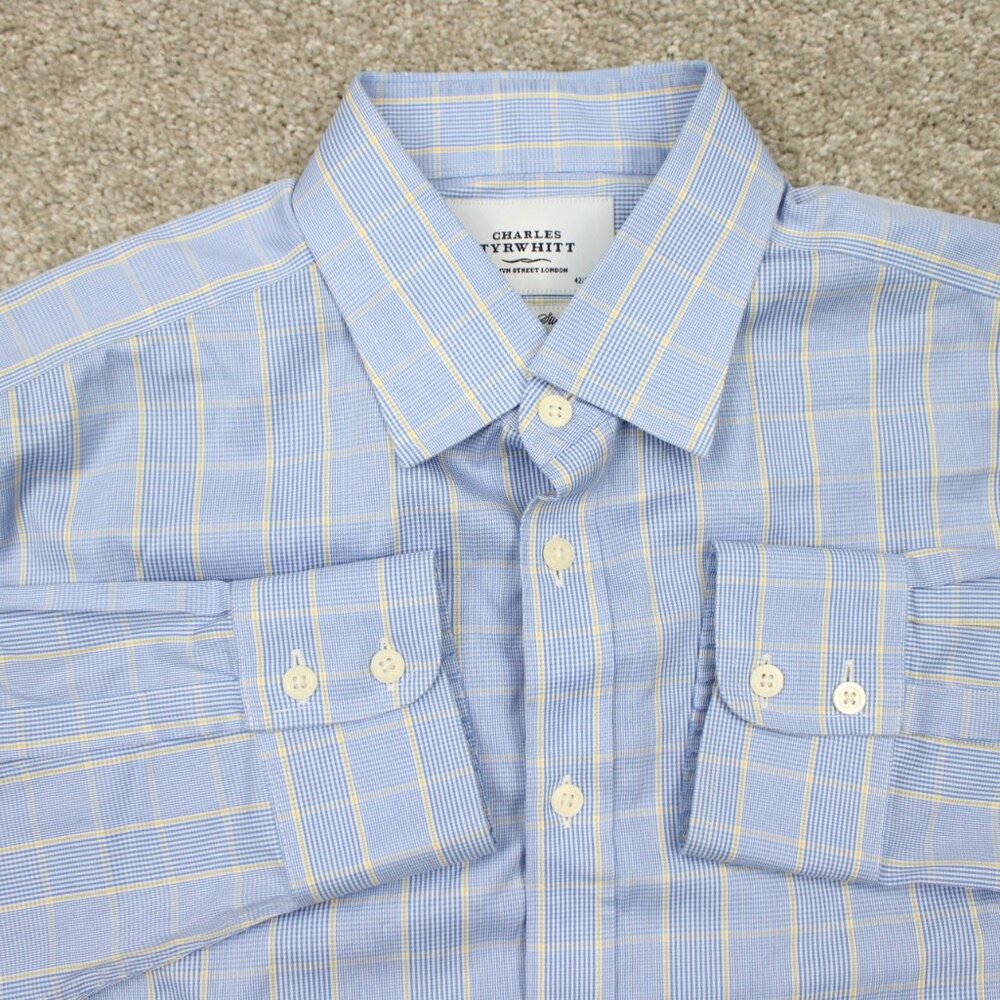 Charles Tyrwhitt Dress Shirt Men 16 1/2, 34 Blue/Yellow Non Iron Slim Fit Cotton